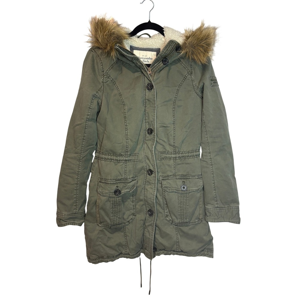 Abercrombie & Fitch Olive Green Sherpa Lined Parka Jacket Faux Fur Hood Large